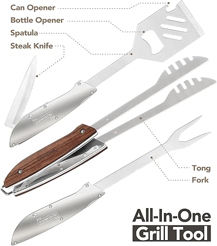 MICHELANGELO 6 в 1 прибори за барбекю – комплект за грил и къмпинг с шпатула, щипка, вилица и нож