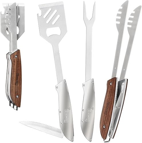 MICHELANGELO 6 в 1 прибори за барбекю – комплект за грил и къмпинг с шпатула, щипка, вилица и нож