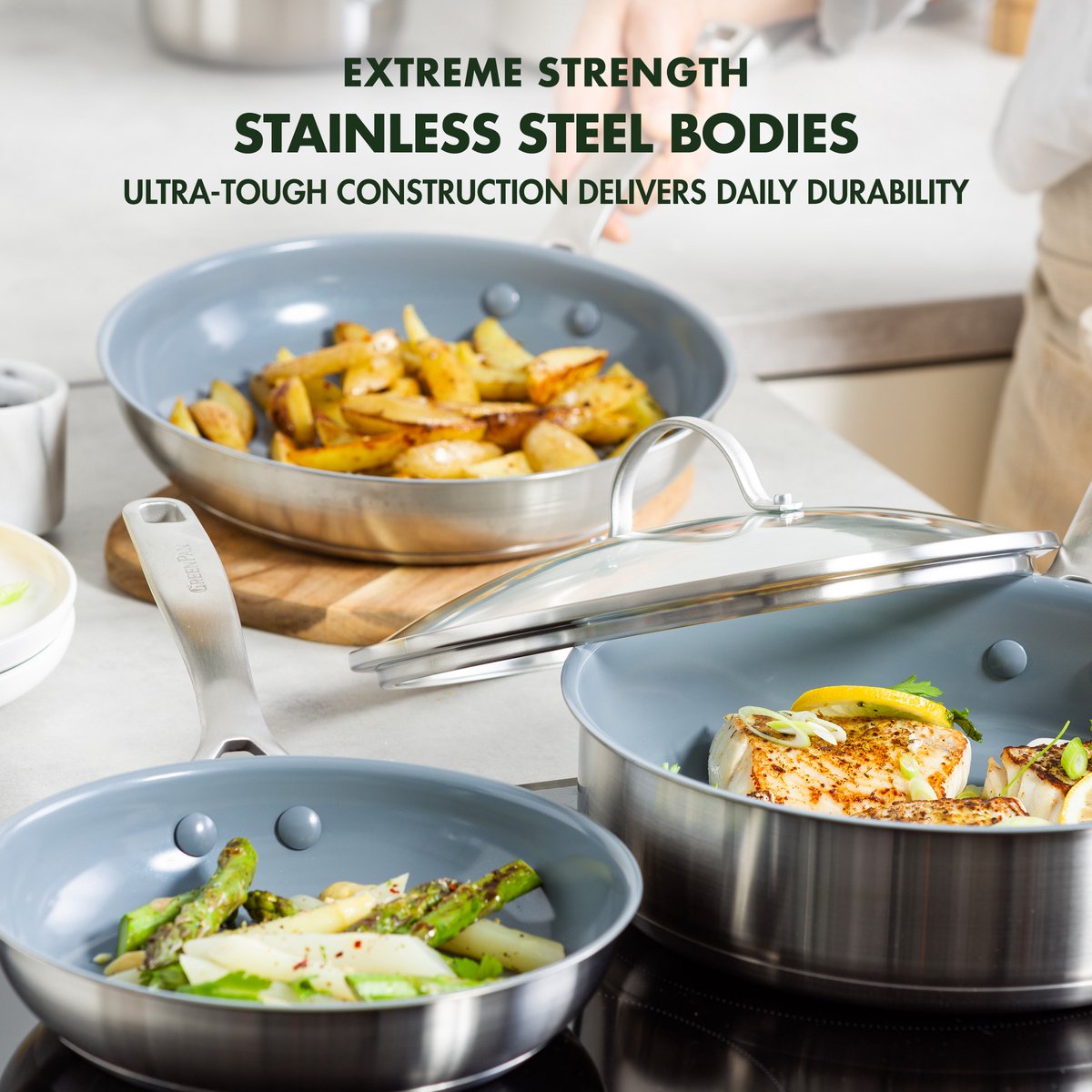 Комплект съдове за готвене GreenPan Treviso 10 части, керамично покритие с диамантени кристали Thermolon