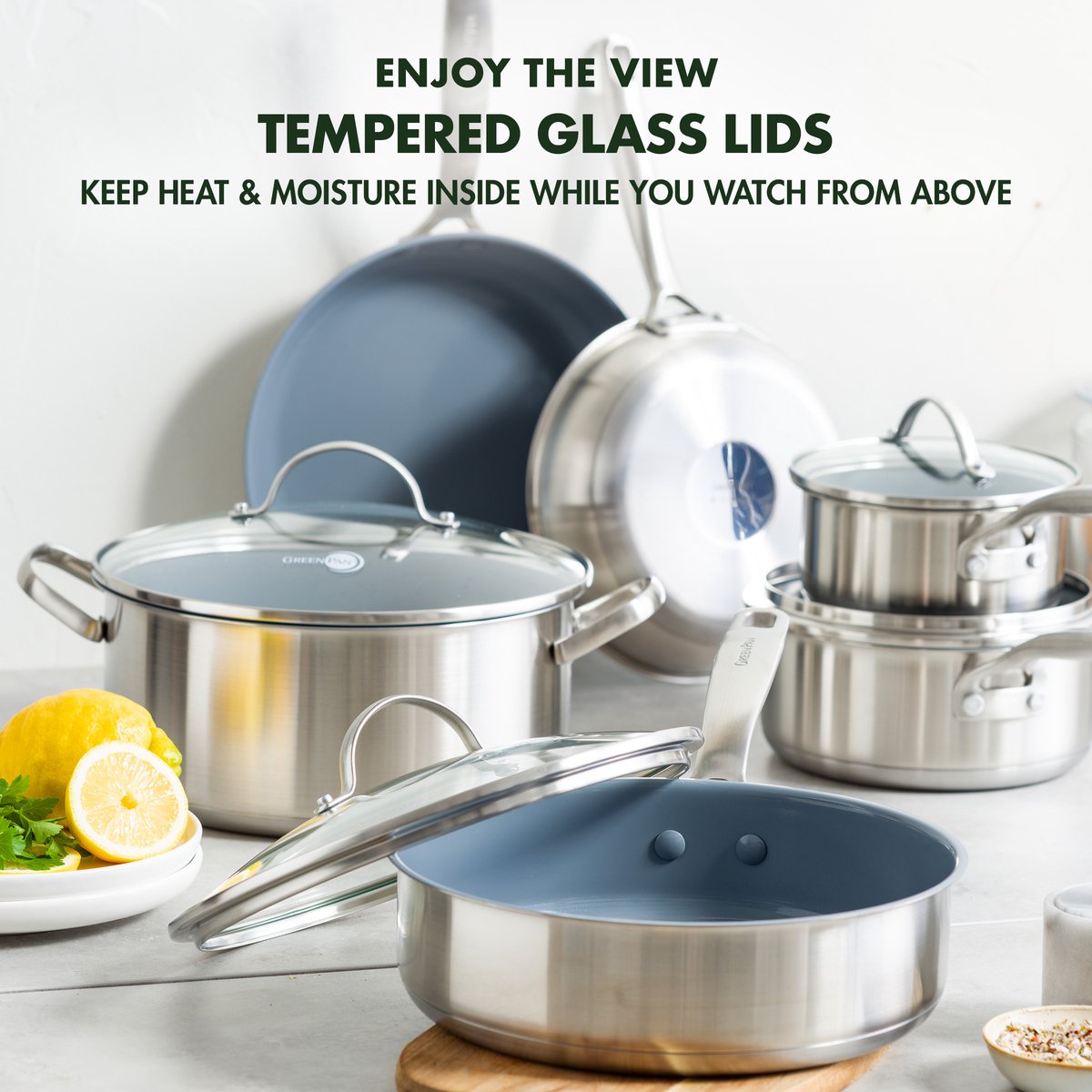 Комплект съдове за готвене GreenPan Treviso 10 части, керамично покритие с диамантени кристали Thermolon