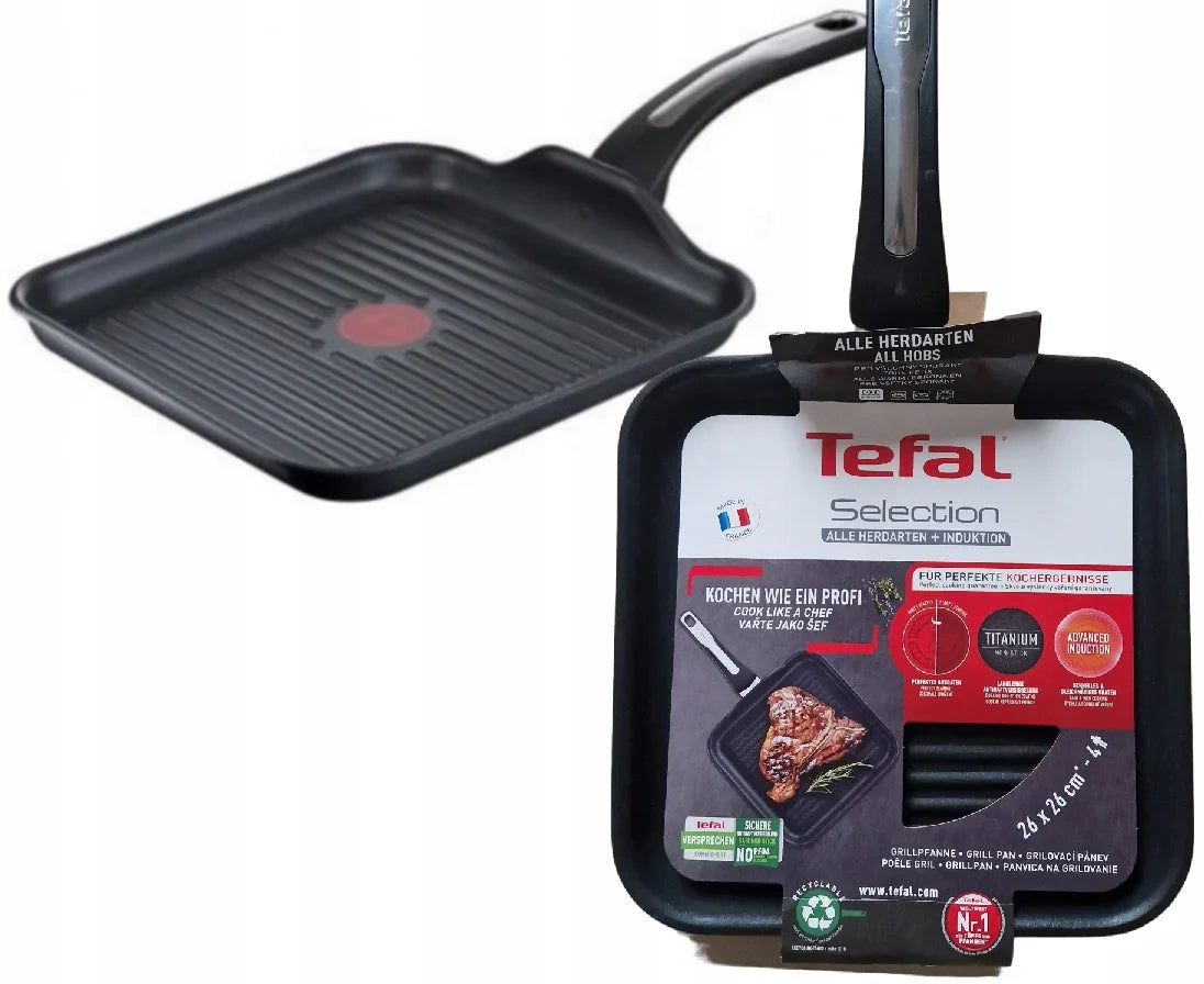 Грил тиган Tefal Selection 26 x 26 см, незалепващо покритие Tefal Titanium, температурен индикатор Thermo-Spot, Advanced Induction, за всички видове котлони, включително индукционни