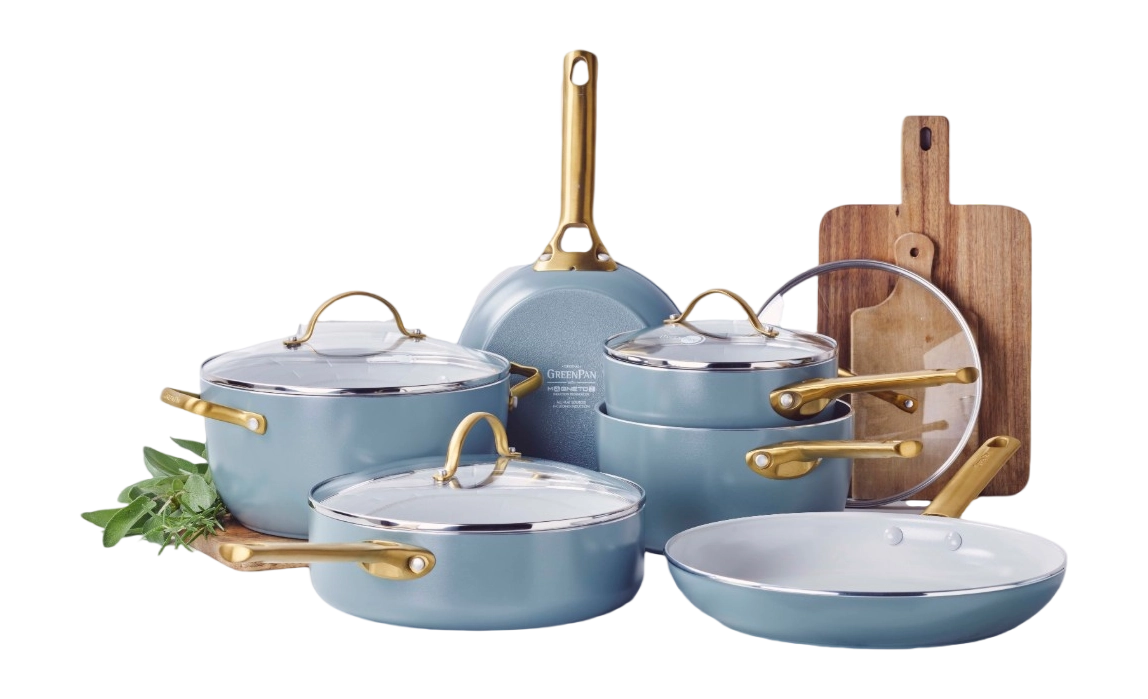 Комплект съдове за готвене Greenpan Padova Smokey Blue 10 части , Керамично незалепващо покритие с диамантени кристали Thermolon