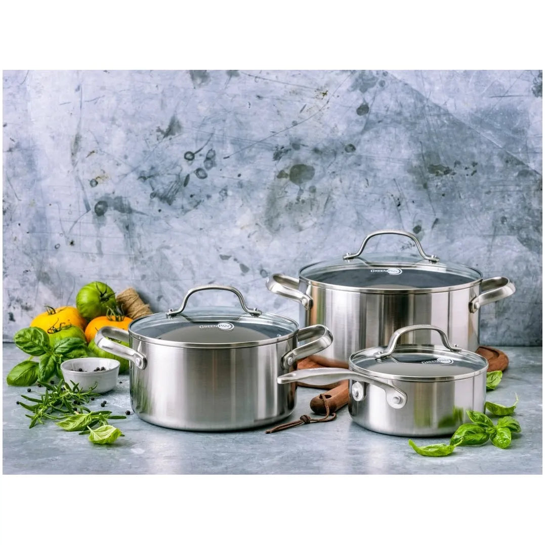 Комплект 3 тенджери с капак Geneva Green Pan 3 Ply неръждаема стомана покритие Thermolon