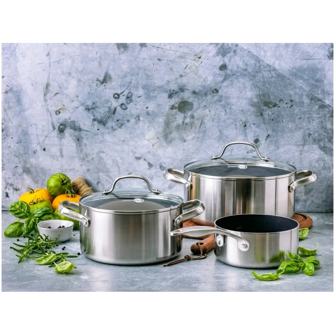 Комплект 3 тенджери с капак Geneva Green Pan 3 Ply неръждаема стомана покритие Thermolon