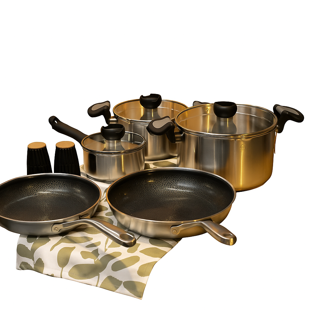 Комплект 2 броя тенджери 20,24 cm и Касерола с капак 16 cm серия Aron и 2 бр. тигани без капак Dura Max D 24 см и D 28 см CS Solingen CrNi 18/10