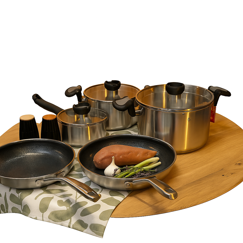 Комплект 2 броя тенджери 20,24 cm и Касерола с капак 16 cm серия Aron и 2 бр. тигани без капак Dura Max D 24 см и D 28 см CS Solingen CrNi 18/10