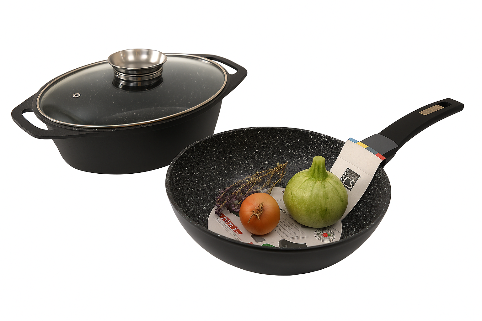 Комплект Гювеч с аромакапак и WOK тиган D 28 см без капак Серия Marburg CS Solingen Мраморно покритие