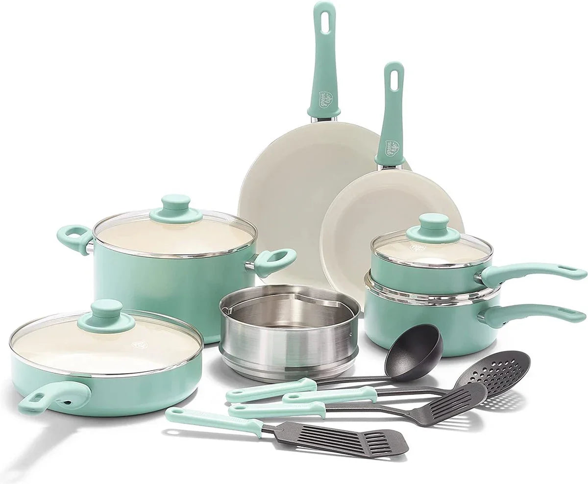Комплект съдове за готвене 15 части Green Pan Life Soft Grip незалепващо покритие с диамантени кристали Thermolon