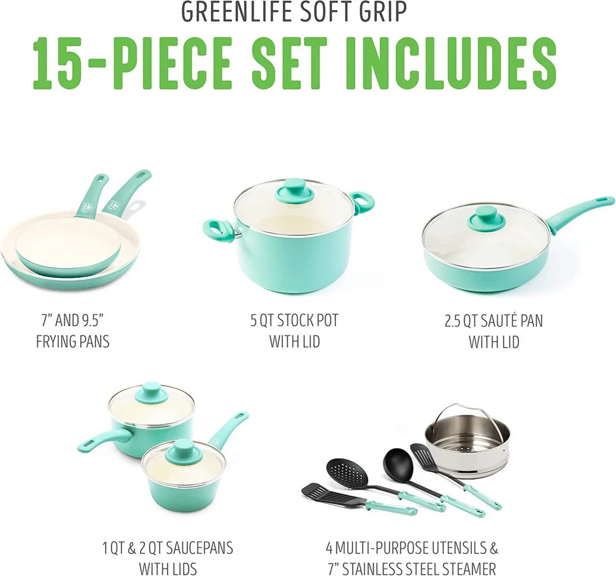Комплект съдове за готвене 15 части Green Pan Life Soft Grip незалепващо покритие с диамантени кристали Thermolon