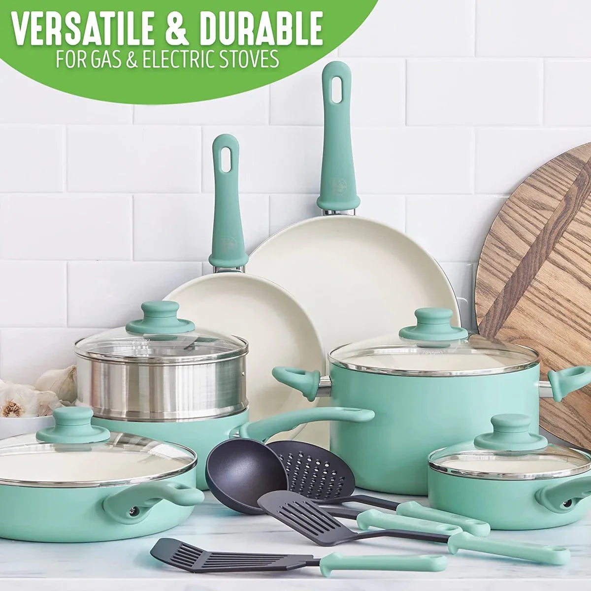 Комплект съдове за готвене 15 части Green Pan Life Soft Grip незалепващо покритие с диамантени кристали Thermolon