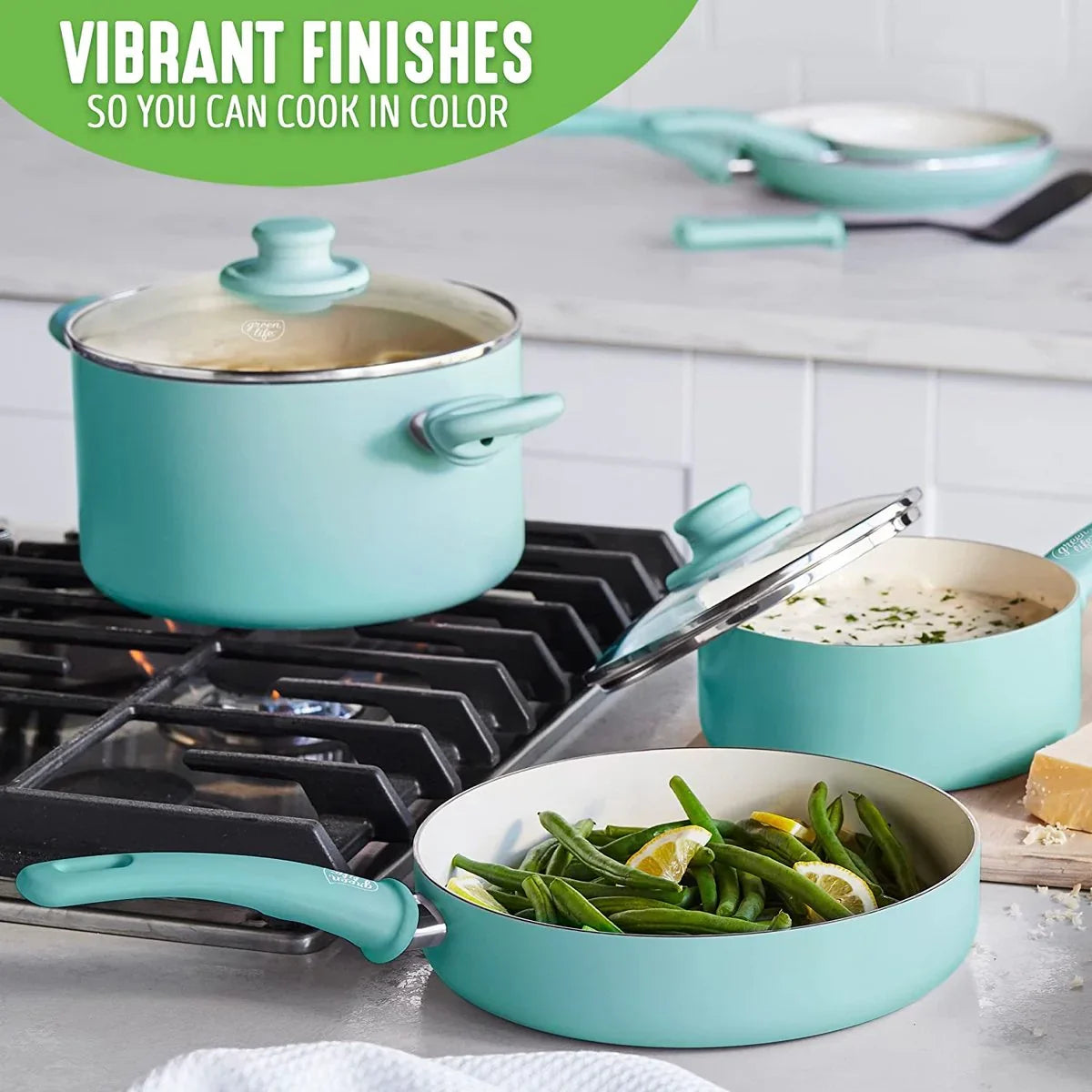 Комплект съдове за готвене 15 части Green Pan Life Soft Grip незалепващо покритие с диамантени кристали Thermolon