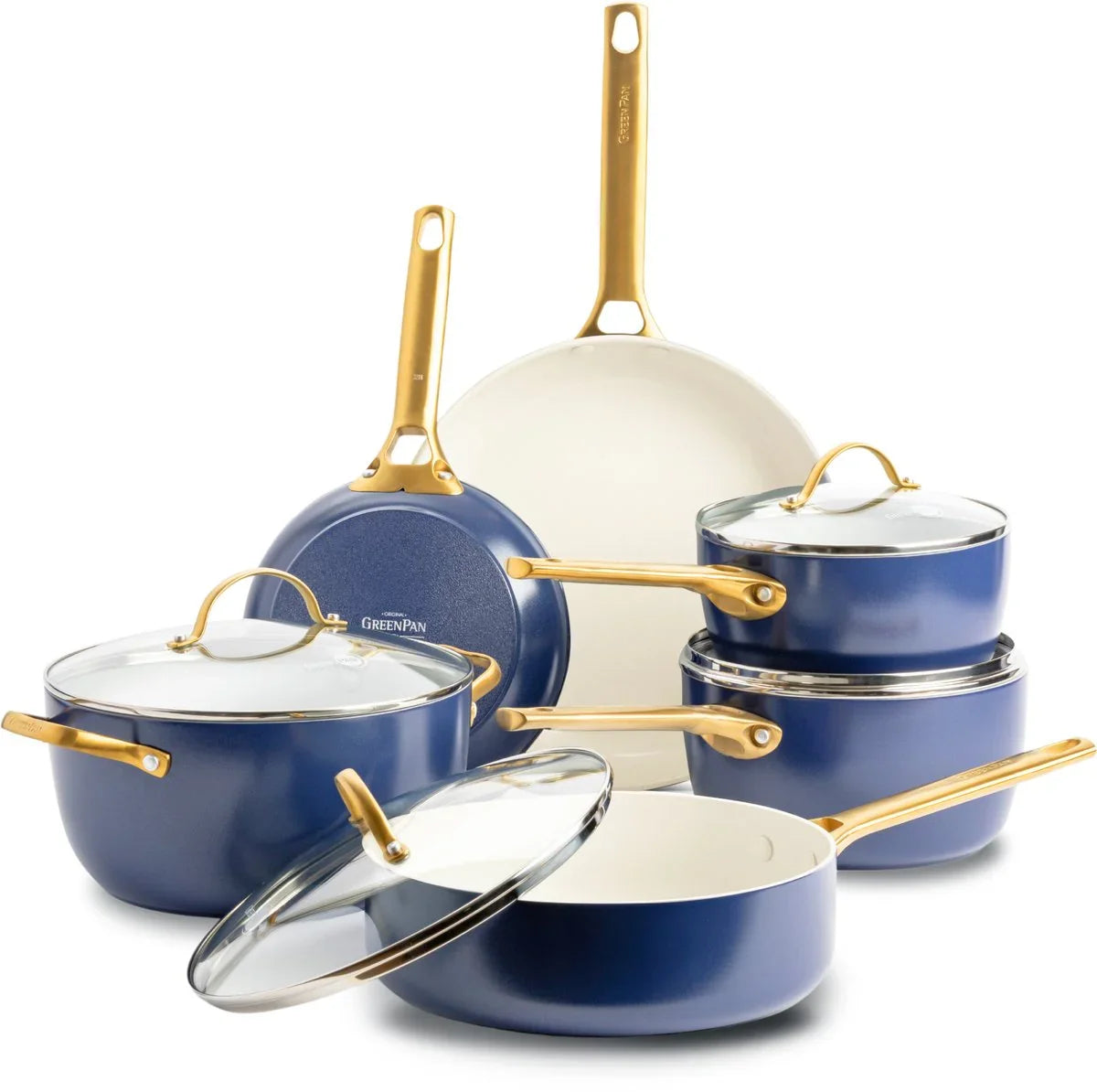 Комплект съдове за готвене Greenpan Padova Cream  Blue 10 части , Kерамично незалепващо покритие с диамантени кристали Thermolon