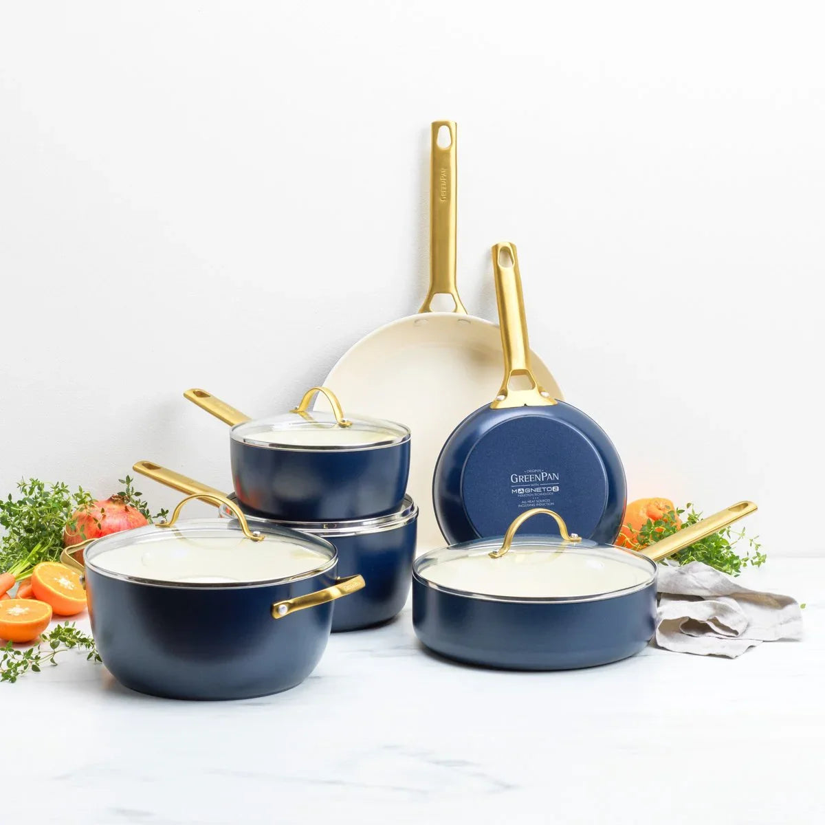 Комплект съдове за готвене Greenpan Padova Cream  Blue 10 части , Kерамично незалепващо покритие с диамантени кристали Thermolon