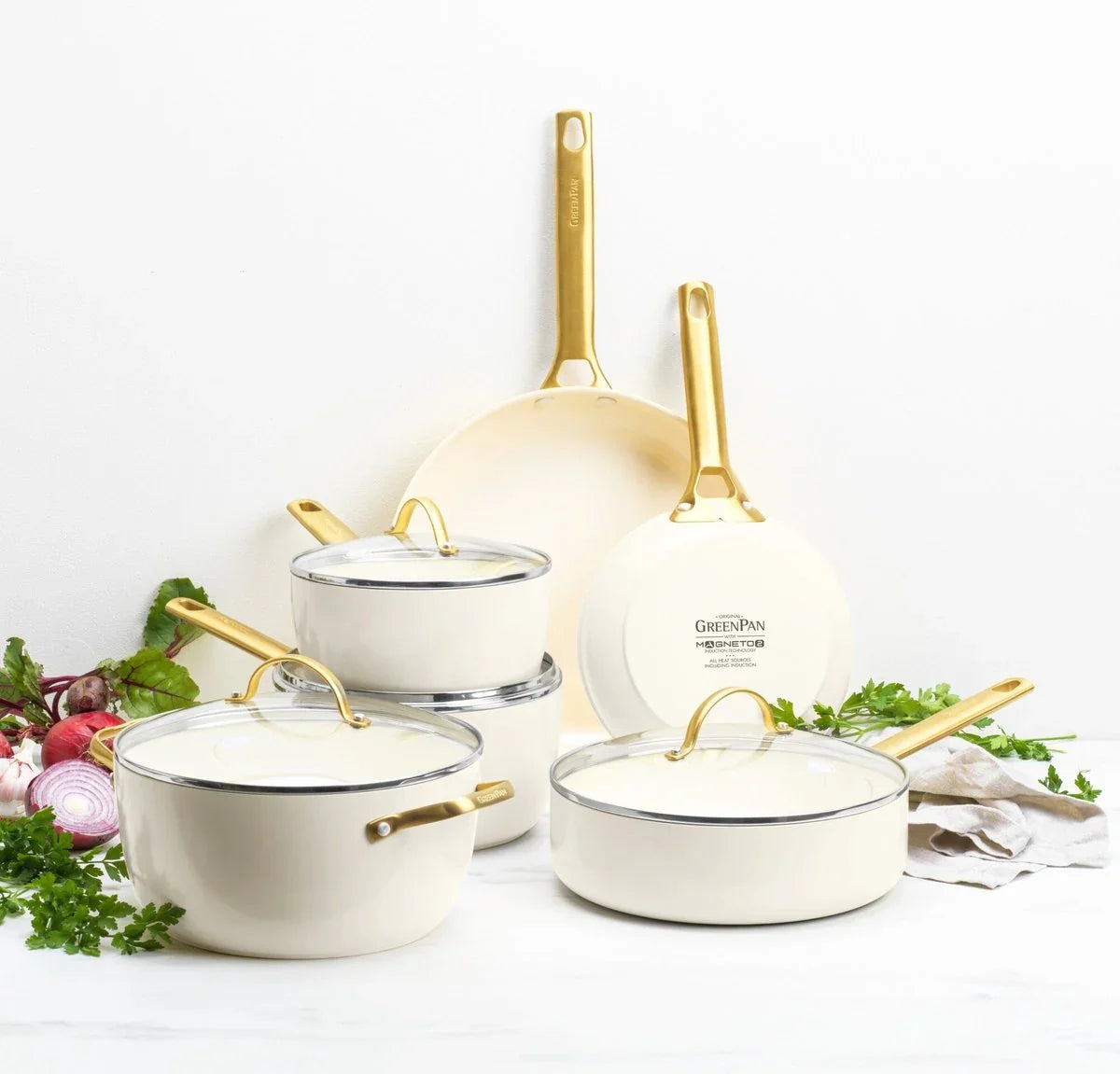 Комплект съдове за готвене Greenpan Padova Cream White  10 части , Керамично незалепващо покритие с диамантени кристали Thermolon