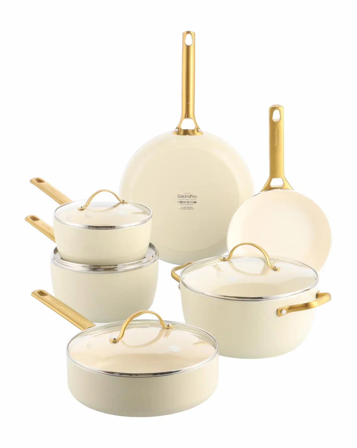Комплект съдове за готвене Greenpan Padova Cream White  10 части , Керамично незалепващо покритие с диамантени кристали Thermolon