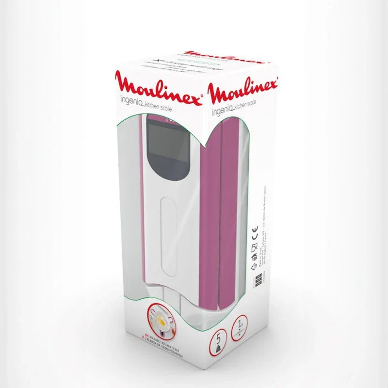 Кухненска везна Moulinex Ingenio , Сгъваема, 5kg, Функция Тара, Функция течности, Автоматично изключване, цвят розов