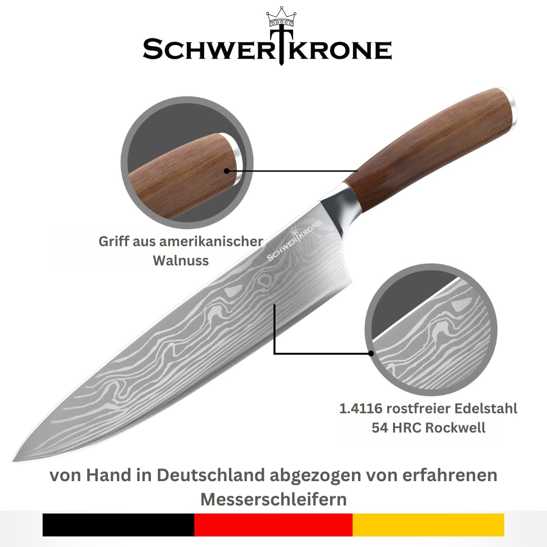 Шеф нож Schwertkrone Солинген, 20 см, закалена стомана с орехова дръжка