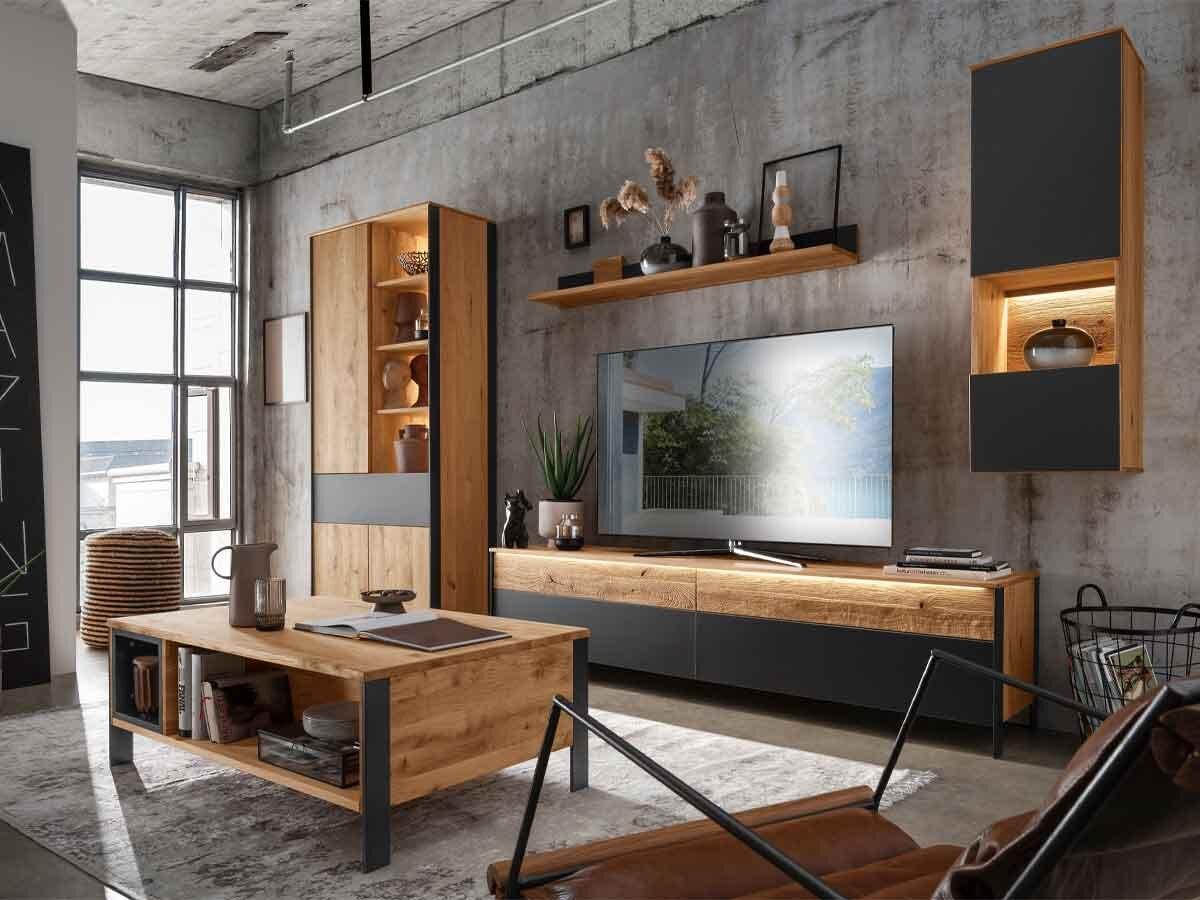 ТВ шкаф Boston oт масив дъб с LED  и черен мат стъклен фронт